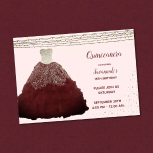 Princess Burgundy Gown String Lights Quinceanera Invitation