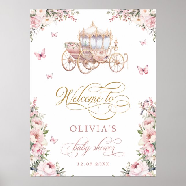 Princess Carriage Blush Floral Baby Shower Welcome Poster (Front)