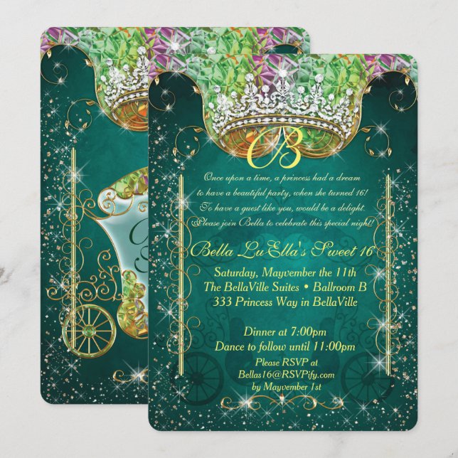 Princess Carriage Jewel Party Birthday Invitations (Front/Back)