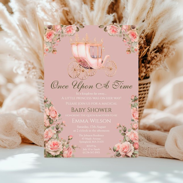  Princess Carriage Vintage Pink Roses Baby Shower Invitation (Creator Uploaded)