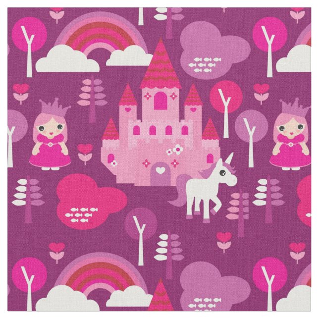 princess castle and unicorn rainbow fabric (Close Up)