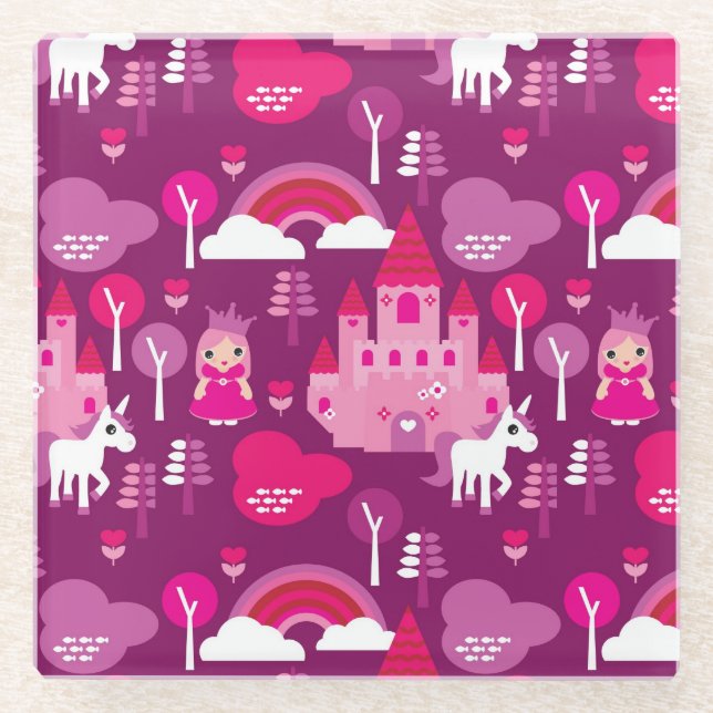 princess castle and unicorn rainbow glass coaster (Front)