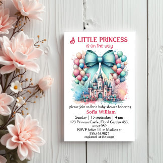  princess castle balloons bow baby girl shower invitation