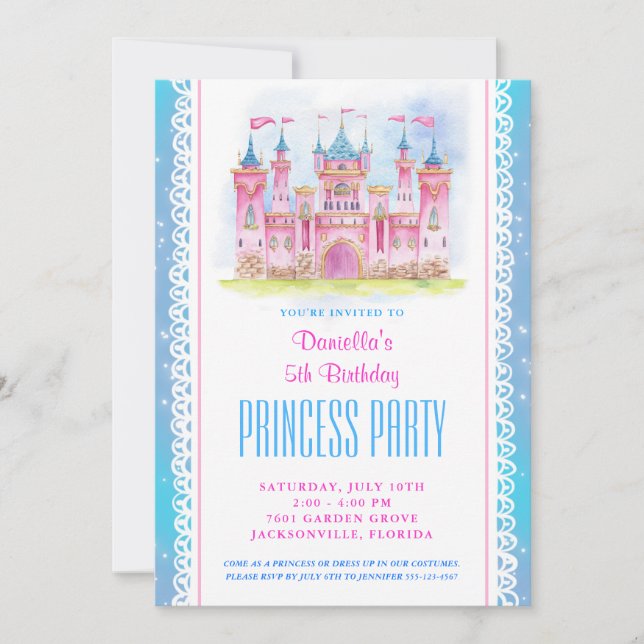 Princess Castle Birthday Invitation Blue (Front)