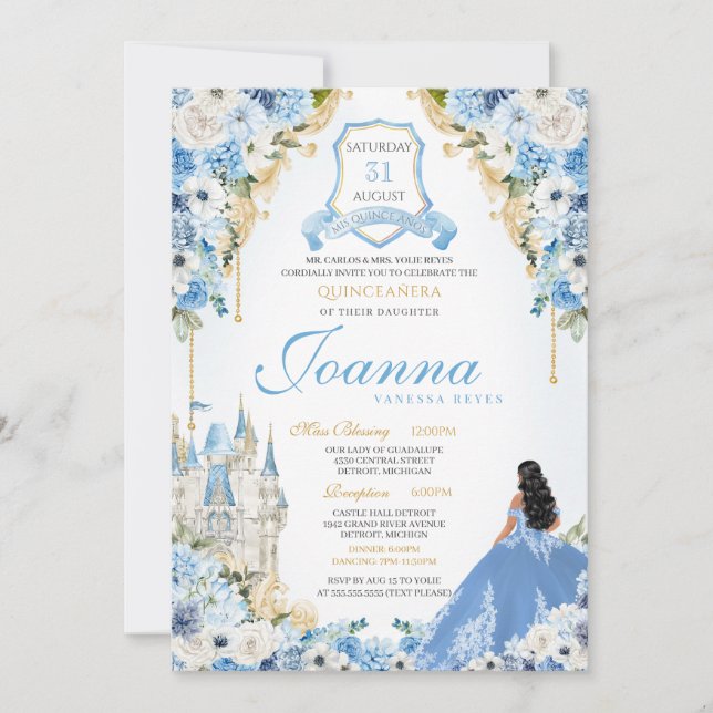 Princess Castle Blue Cinderella Quinceanera v5 Invitation (Front)