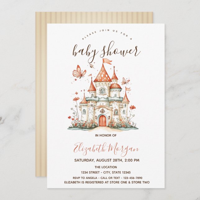 Princess Castle Butterflies Stripes Baby Shower   Invitation (Front/Back)