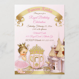 Princess Castle Carriage Pink Gold Girl Photo Invitation