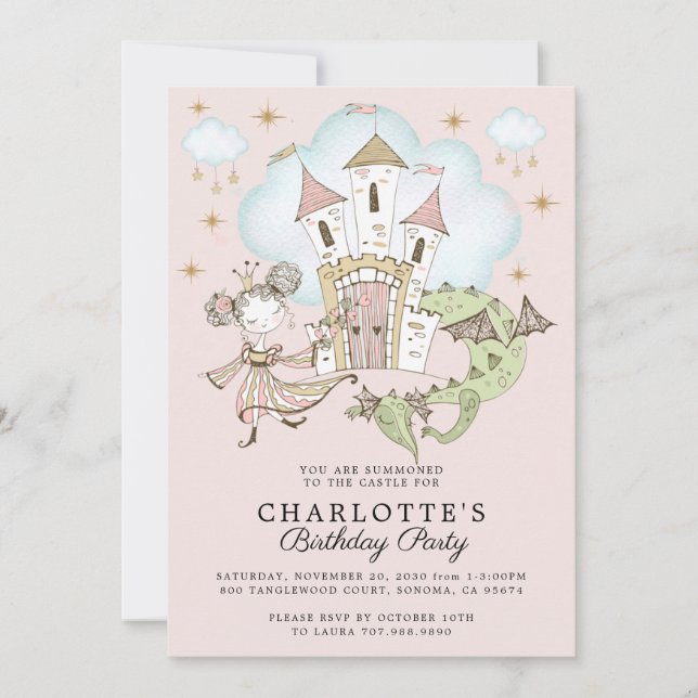 Princess Castle Dragon Girl's Pink Gold Birthday Invitation (Front)