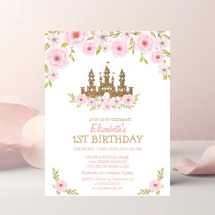 Princess Castle,Flowers, Striped Birthday Invitation