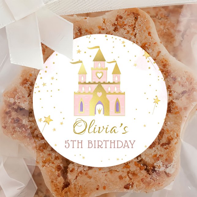 Princess Castle Gold Birthday Party Classic Round Sticker (Creator Uploaded)