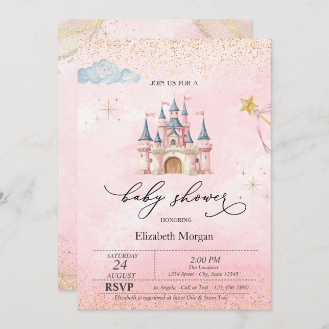 Princess Castle Gold Dust Pink Baby Shower   Invitation (Front/Back)