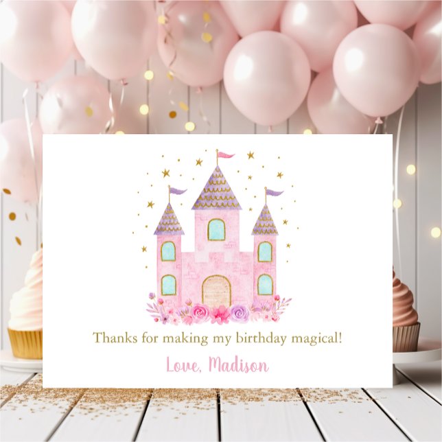 Princess Castle Pink Gold Floral Birthday Thank You Card (Creator Uploaded)