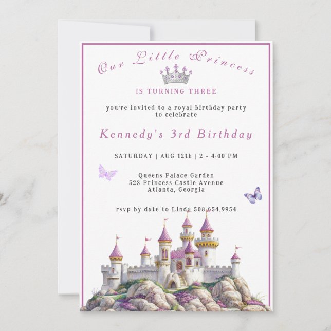 Princess Castle Silver Crown Pink Gems Butterflies Card (Front)