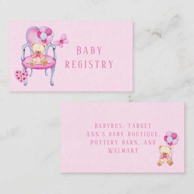 Princess Chair Teddy Bear Balloon Girl Registry Business Card (Front/Back)