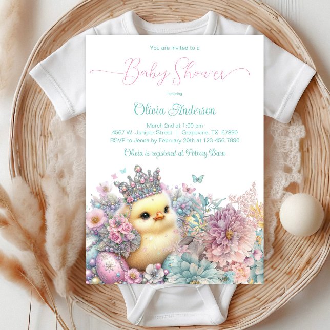 Princess Chick Baby Shower Invitation (Sweet baby girl chick with pretty crown, eggs, confetti and butterflies on a floral background.)