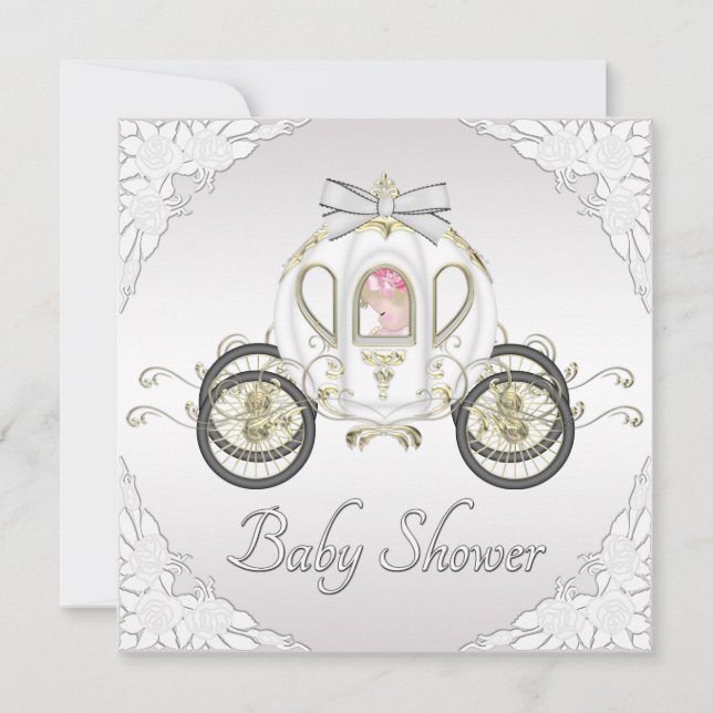 Princess Coach and Roses White Baby Shower Invitation (Front)