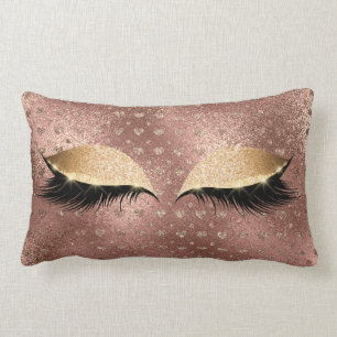 Princess Copper Rose Gold Glitter Lashes Hearts Lumbar Cushion