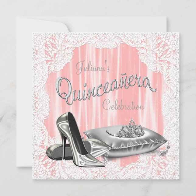 Princess Coral and Grey Quinceanera Invitation (Front)