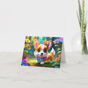 Princess Corgi Puppy with Flowers Blank Greeting Card