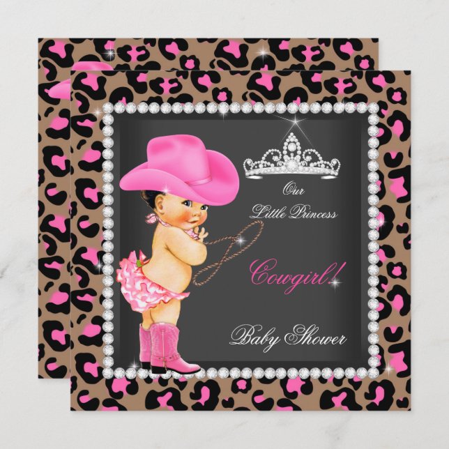 Princess Cowgirl Baby Shower Pink Brown Brunette Invitation (Front/Back)