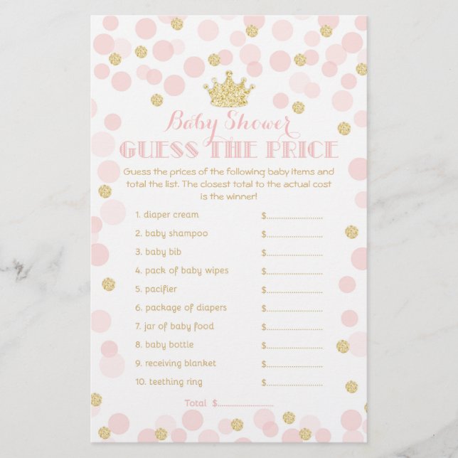 Princess Crown Baby Shower price Game pink & gold Flyer (Front)