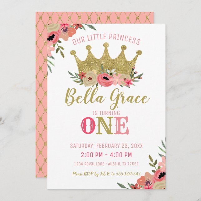 Princess Crown Birthday Invitation Pink Gold (Front/Back)