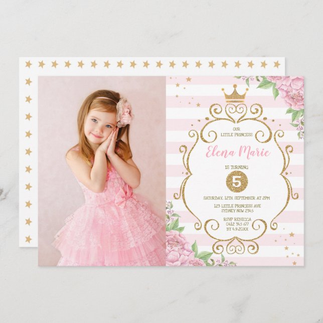 Princess Crown Birthday Pink Gold Floral Party Invitation (Front/Back)