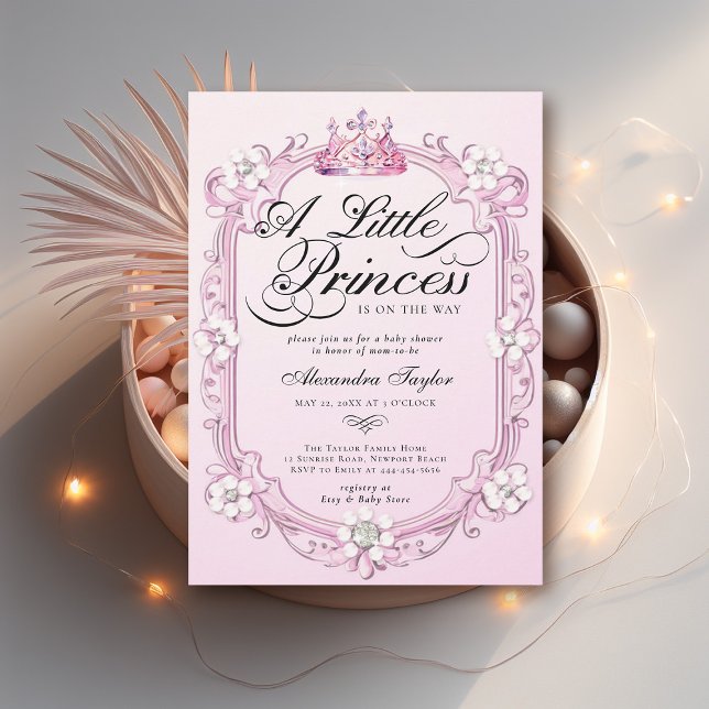 Princess Crown Diamonds Pearls Baby Girl Shower Invitation (princess girl baby shower invitation crown diamonds pearls pink calligraphy elegant cute chic)
