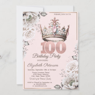 Princess Crown Floral 100th Birthday Party Invitation