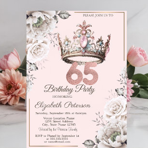 Princess Crown Floral 65th Birthday Party Invitation