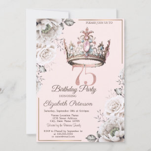 Princess Crown Floral 75th Birthday Party Invitation
