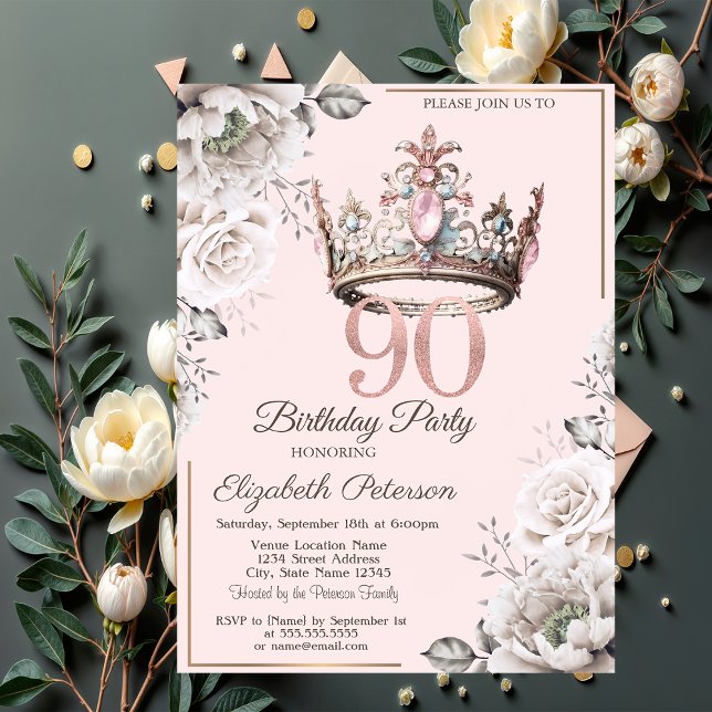 Princess Crown Floral 90th Birthday Party Invitation (Creator Uploaded)