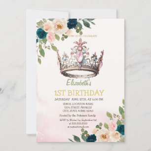 Princess Crown Flowers Dots Birthday  Invitation