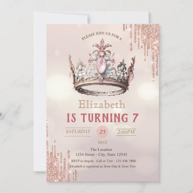 Princess Crown Glitter Drips Bokeh Birthday Invitation (Front)
