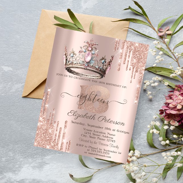 Princess Crown Glitter Drips Rose Gold 18th  Invitation (Creator Uploaded)