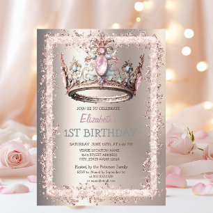 Princess Crown Glitter Frame Ivory Birthday Invitation