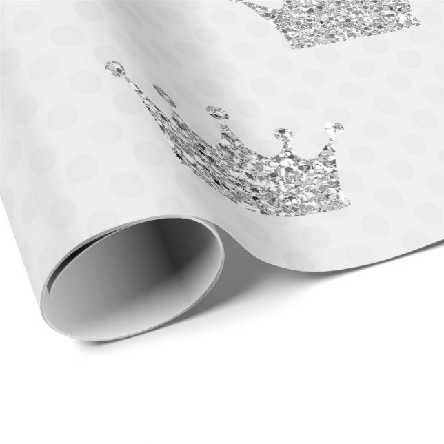 Princess Crown Grey Glitter Silver Dots Shiny VIP Wrapping Paper (Roll Corner)