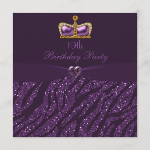 Princess Crown Heart & Zebra Glitter 19th Birthday Invitation