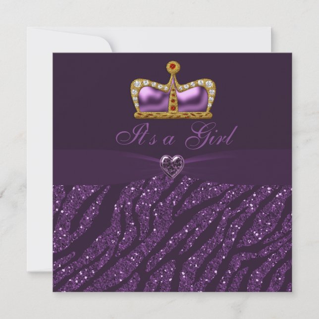 Princess Crown, Heart & Zebra Glitter Baby Shower Invitation (Front)