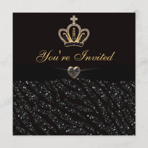 Princess Crown, Heart & Zebra Glitter Birthday Invitation