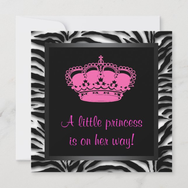 Princess Crown Hot Pink Zebra Baby Girl Shower Invitation (Front)