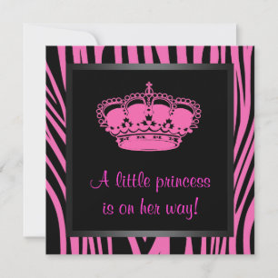 Princess Crown Hot Pink Zebra Baby Girl Shower Invitation