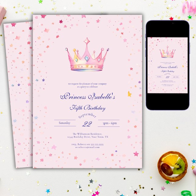 Princess Crown Pastel Pink  Fairytale 5th Birthday Invitation (Creator Uploaded)