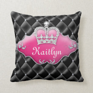 Princess Crown Pillow Tufted Satin Diamonds Black
