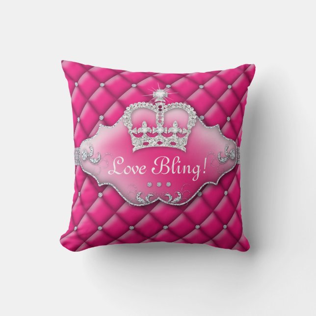 Princess Crown Pillow Tufted Satin Diamonds Pink (Front)