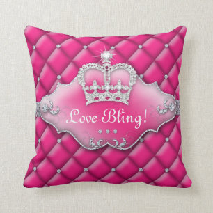 Princess Crown Pillow Tufted Satin Diamonds Pink