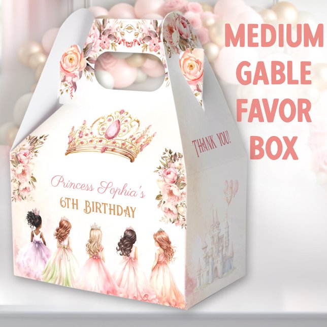 Princess Crown Pink Gold Floral Birthday Medium Favour Box (Princess medium gable favor boxes. You can choose from 3 sizes of these gable favor boxes.)