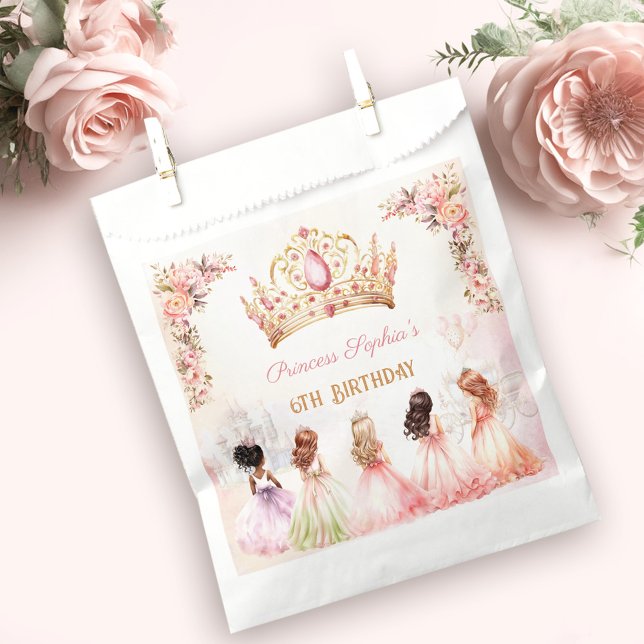 Princess Crown Pink Gold Floral Girl Birthday Favour Bag (Princess Crown Pink Gold Floral Girl Birthday Favor Bag)