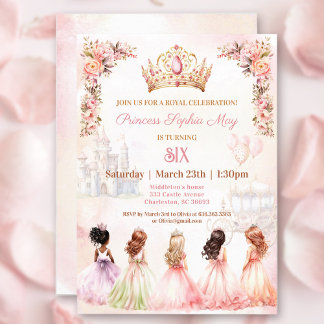 Princess Crown Pink Gold Floral Girl Birthday Invitation