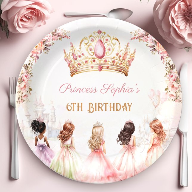 Princess Crown Pink Gold Floral Girl Birthday Paper Plate (Princess Crown Pink Gold Floral Girl Birthday Paper Plates)